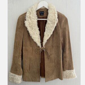 WET SEAL Y2K Tan Suede & Sherpa Fur Jacket Tie Front Size M
